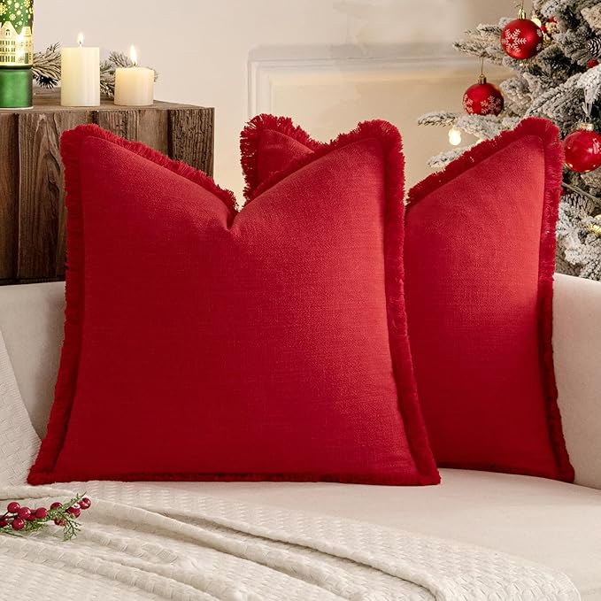 MIULEE Decorative Throw Pillow Covers Neutral Linen Fringe Throw Pillows Set of 2 Red Boho Farmhouse Cushion Covers with Tassels for Couch Sofa Bed Living Room Spring Home Decor 18x18 Inch