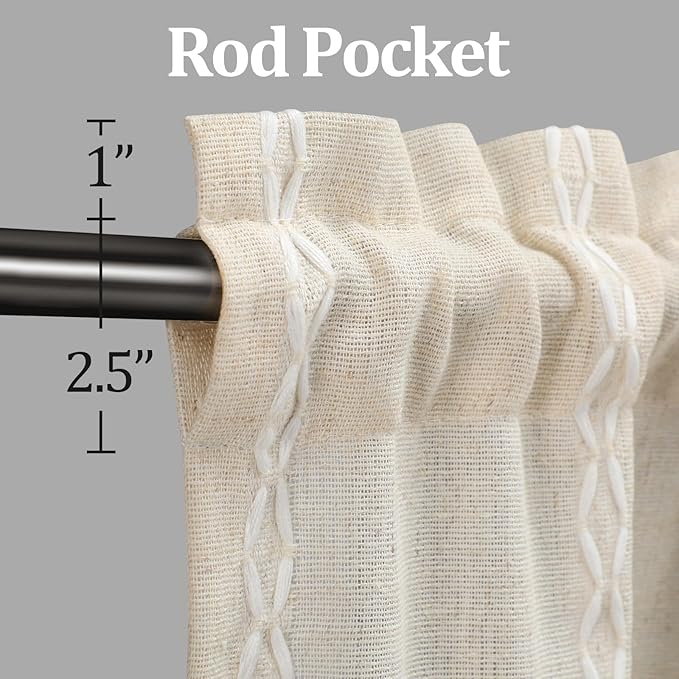 Boho Kitchen Cafe Curtain 24 Inch Length, 36 Inch Width, Single Panel Beige Linen Blend Embroidered Tier Curtain, Light Filtering for Small Window
