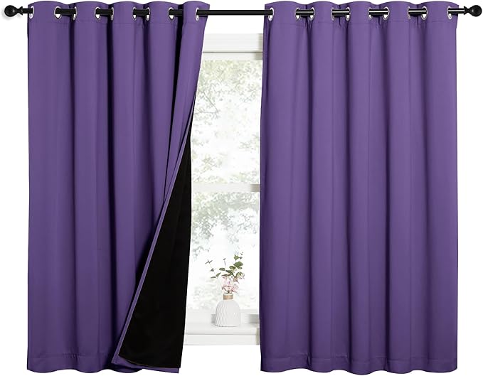 NICETOWN 100% Blackout Curtains with Black Liners, Thermal Insulated Full Blackout 2-Layer Lined Drapes, Energy Efficiency Window Draperies for Bedroom (Lilac Purple, 2 Panels, 62-inch W by 63-inch L)