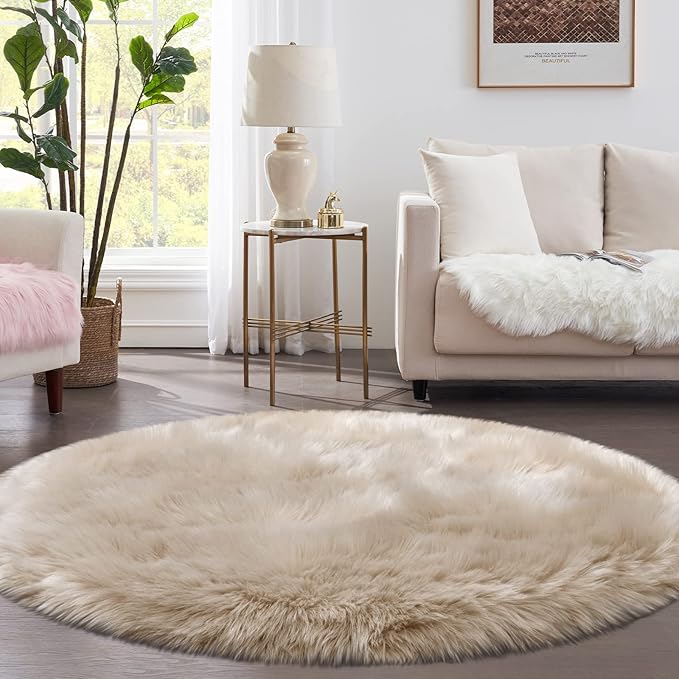 Tangsoo Round Faux Fur Rugs, Sheepskin Round Rugs 3ft, Soft Small Circle Rug, 3x3 Beige Fuzzy Plush Fur Rug, Shag Circular Rugs Floor Carpet for Bedroom, Kids Room, Nursery, Girls Room, Dorm