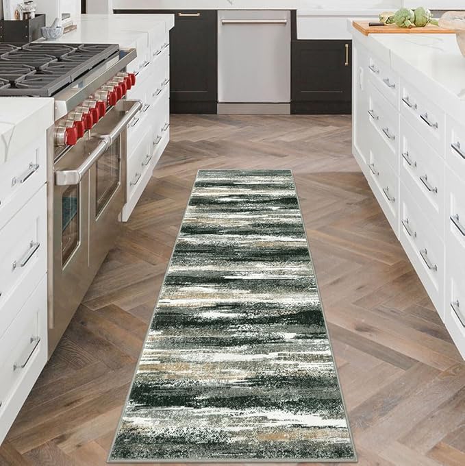 Lansny Modern Abstract Runner Rug 2x6, Forest Green Washable Kitchen Runner Non-Slip Soft Hallway Rug Runner Thin Print Faux Wool Carpet for Entryway Bedroom Laundry Room Indoor Home Decor