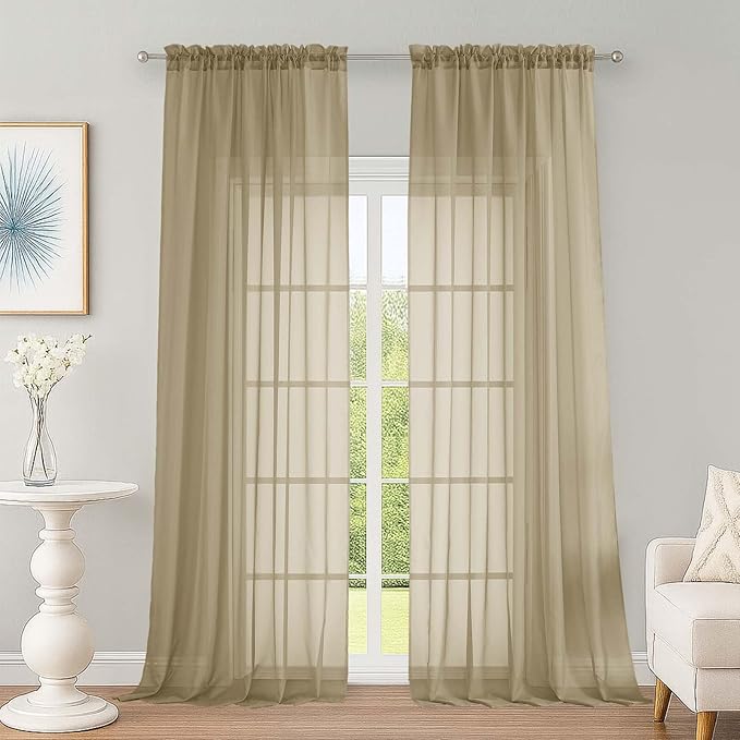 OWENIE Extra Long Taupe Sheer Curtains 96 Inches Long 2 Panels Set, Soft Lightweight Airy Voile Sheer Curtain for Bedroom Living Room, Rod Pocket Solid Color Farmhouse Curtains, 59" Wx96 L Inch