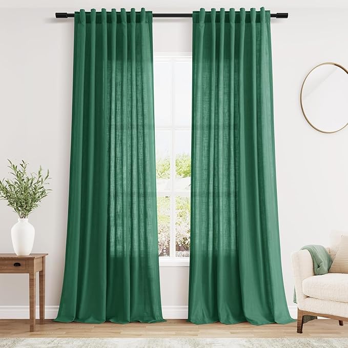 Dark Green Linen Curtains 90 Inch Long 2 Panels Set for Bedroom Living Room Emerald Green Linen Textured Window Drapes Semi Sheer Light Filtering Rod Pocket Back Tab Farmhouse Curtain 52x90