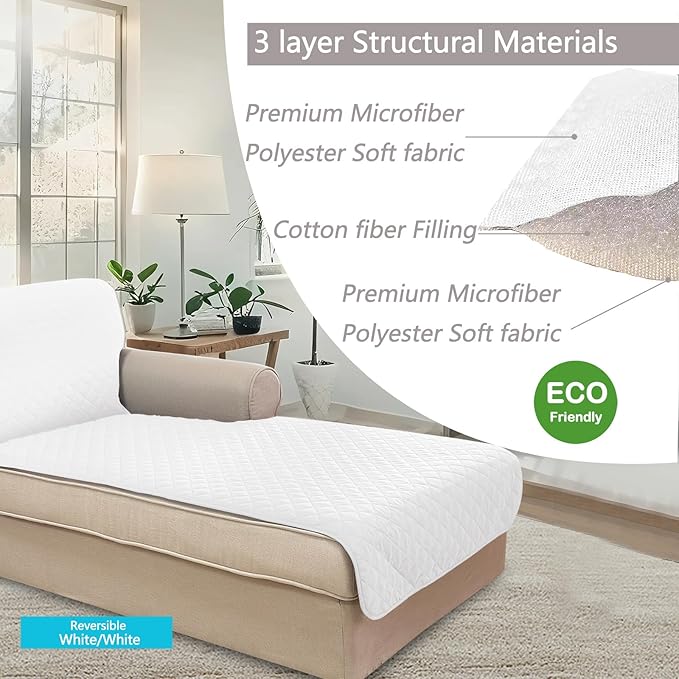 U-NICE HOME Sectional Couch Cover for Dogs Pets Chaise Lounge Reversible Sofa Cover Furniture Protector with Elastic Adjustable Strap, White