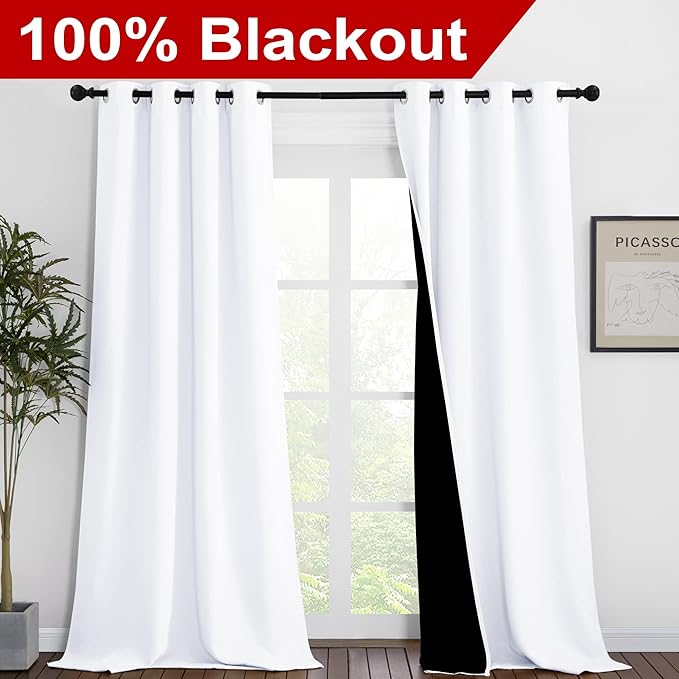 NICETOWN White Blackout Curtains 90 inches Long, Full Light Blocking Drapes with Black Liner for Nursery, Thermal Insulated Draperies for Hall, Villa (2 Pieces, 46" Wide Each Panel, Pure White)