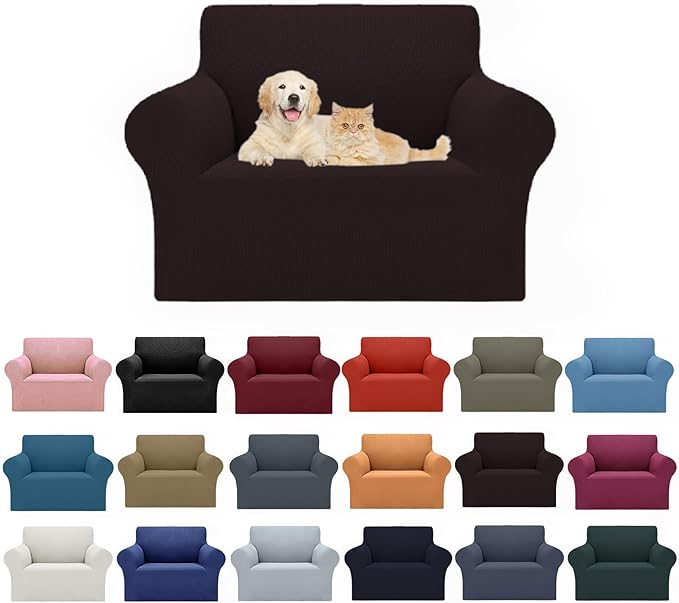 Cupuamon 2026 New Stretch Chair Sofa Slipcovers Couch Cover for 1 Seater Furniture Protector Sofa Covers with Elastic Bottom Jacquard Fabric Small Checks for Pets, Kids - Chocolate