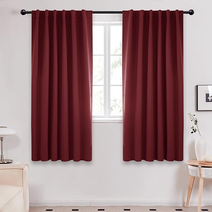 Deconovo Rod Pocket and Back Tab Curtains Solid Thermal Insulated Blackout Curtains for Bedroom 52Wx63L Inch Burgundy Red 2 Panels