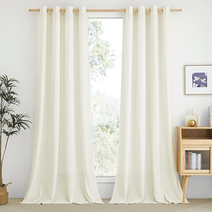 NICETOWN Thick Linen Bedroom Curtains 90 inches Long, Grommet Privacy Assured Semi Sheer Linen Burlap Drapes with Some Light Filtering for Living Room, Off White, W55 x L90, 1 Pair