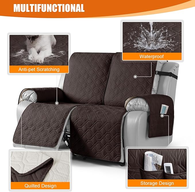 VANSOFY Waterproof Recliner Couch Covers, Sofa Covers 1-Piece Washable Reclining Sofa Cover Non-Slip Furniture Protector with Elastic Straps Pocket for Dogs, Pets(Chocolate,2 Seater)