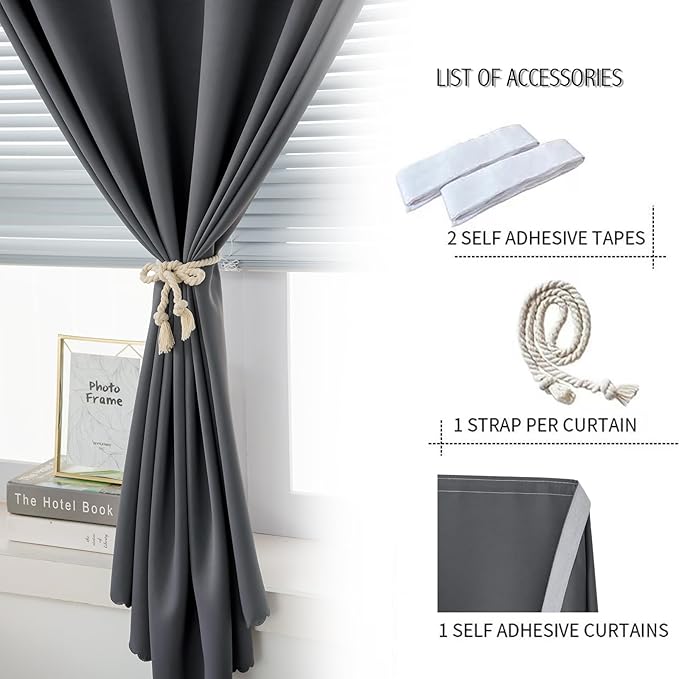 Magic Tape Stick On Curtains Window Shades Pull Down Blackout Window Cover Blackout Curtains for Bedroom No Drillng Self Adhesive Curtains No Rod Small Curtain, 59" W X 71" L, Grey, 1 Panel