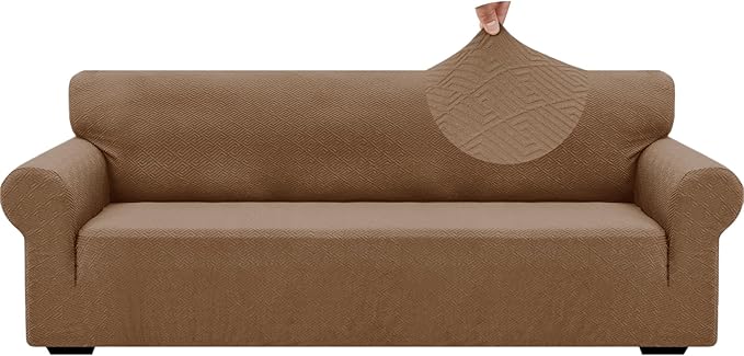 ZNSAYOTX 1 Piece Jacquard Couch Covers for 3 Cushion Couch High Stretch Sofa Cover for Pets Dogs Anti Slip Extra Large Sofa Slipcovers Furniture Protector (X-Large,New Pattern Light Coffee)