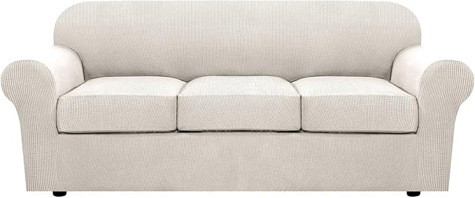 H.VERSAILTEX 4 Piece Stretch Couch Covers for 3 Cushion Couch Sofa Furniture Slipcovers Feature Upgraded Thicker Jacquard Fabric (Sofa, Ivory)