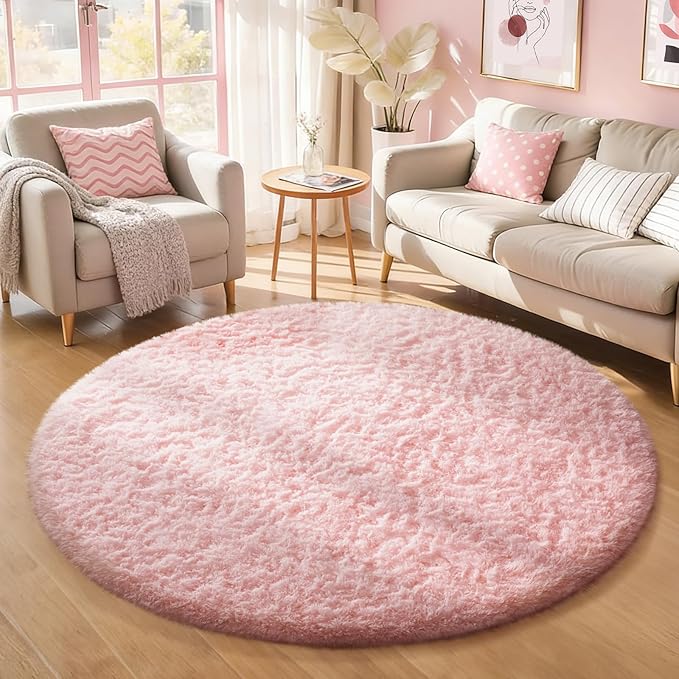 Ophanie Pink Round Rugs 5Ft Circle Area Rug, Cute Fluffy Fuzzy Girls Bedroom Carpet, Plush Soft Shaggy Indoor Floor Kawaii Living Room Rugs for Kids, Room Decor for Teen Home Decor Aesthetic, Nursery