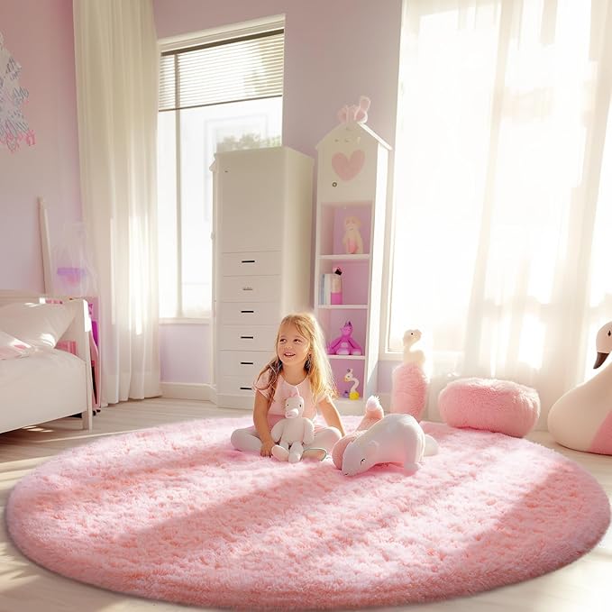 Ophanie Round Rugs 6Ft Pink Circle Area Rug, Fuzzy Bedroom Carpet, Large Shag Plush Floor Kawaii Christmas Living Room Rugs 6 foot,Cute Room Decor for Kids Teen Girls Baby Home Decor Aesthetic,Nursery