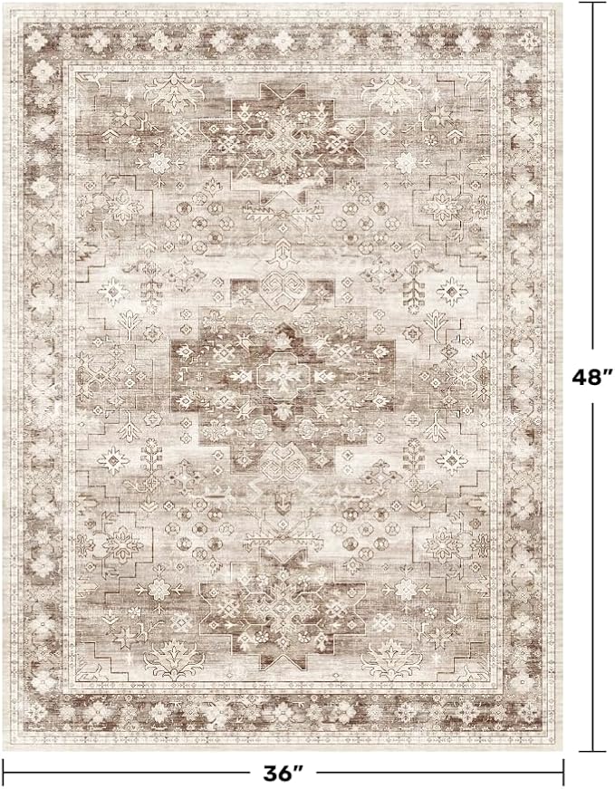Washable Neutral Farmhouse Large Entryway Rug, 3x4 Area Rugs for Kitchen, Bedroom, Nursery Room, Boho Vintage Floral Non-Slip Throw Rug Low Pile Stain Resistant (3x4 Beige/Latte)