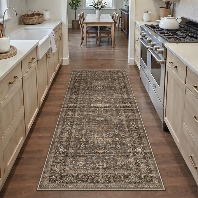 2x7 Washable Runner Rug for Hallway Kitchen Vintage Brown Non Slip Low Pile Carpet Traditional Retro Soft Throw Rug for Bathroom Bedroom Entryway Indoor Entrance