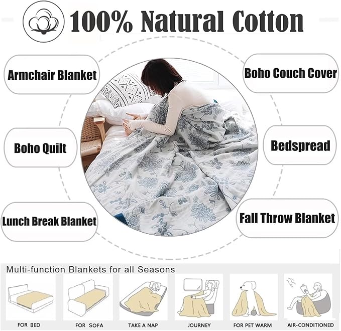 MSGKV Boho Throw Blanket for Bed 80''x90'', 100% Cotton Reversible Woven Breathable&Lightweight Spring Decorative Blanket for Couch Living Room