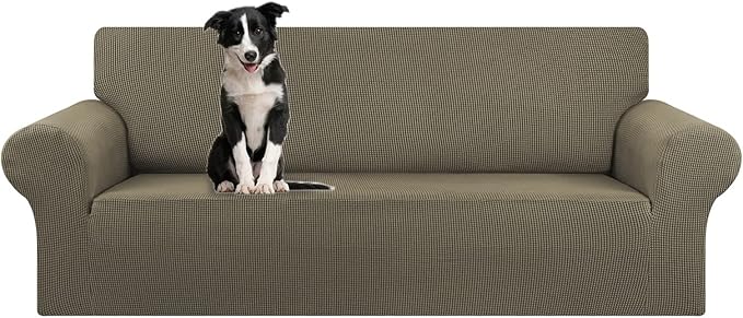 KEKUOU Stretch Oversized Sofa Slipcover 1 Piece Couch Sofa Cover (94"-110") Furniture Protector 4 Seater Sofa with Elastic Bottom for Kids,Pet.Jacquard Checked Pattern Fabric(X Large,Khaki)