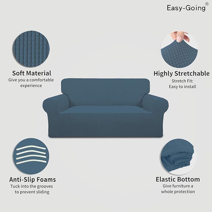 Easy-Going Stretch Oversized Loveseat Slipcover 1-Piece Sofa Cover Furniture Protector Couch Soft with Elastic Bottom for Kids Polyester Spandex Jacquard Fabric Small Checks Bluestone