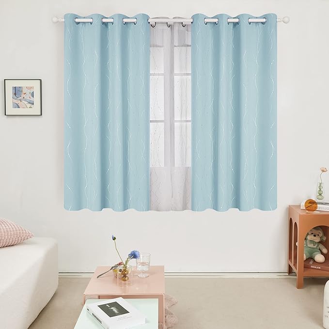 Deconovo Blackout Curtains, Thermal Insulated Soundproof Grommet Drapes, Wave Dot Foil Print, 52 x 63 Inch, Set of 2, Machine Washable Window Panel for Bedroom Living Room Nursery Kitchen, Light Blue