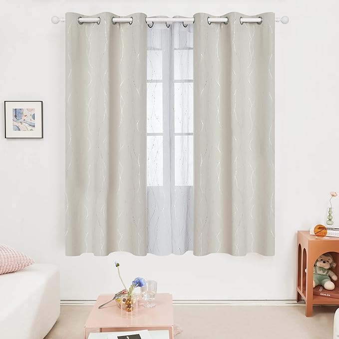 Deconovo Beige Curtains for Living Room, Room Darkening Soundproof Drapes with Wave Dots Silver Print, 42 x 72 Inch Long, Grommet Top, Set of 2 Window Panels for Living Room Bedroom Office Nursery