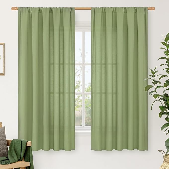LAMIT Sage Green Linen Curtains 63 inch Length for Bedroom, Faux Linen Light Filtering Window Treatments Neutral Rod Pocket Drapes for Living Room/Farmhouse, 2 Panels Set, 52 x 63 Inch