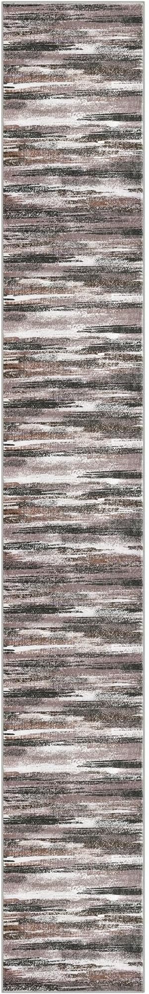 Lansny Modern Abstract Runner Rug 2.6x18, Dark Light Brown White Washable Long Kitchen Runner Non-Slip Soft Hallway Rug Runner Thin Print Faux Wool Carpet for Entryway Bedroom Laundry Room Indoor