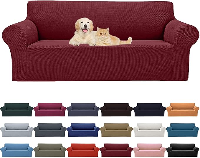 Cupuamon 2026 New Stretch Sofa Slipcovers Couch Cover for 3 Cushion Furniture Protector Sofa Covers with Elastic Bottom Jacquard Fabric Small Checks for Pets, Kids -Sofa, Dark Red