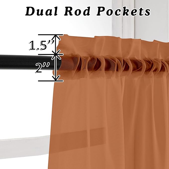 OVZME 2 Panels Orange Sheer Valance - Short Fresh Curtain Valances for Windows Basement Semi Sheer Valances for Kitchen Window Dressing with Dual Rod Pocket (Orange, 42 by 14 Inches Long)