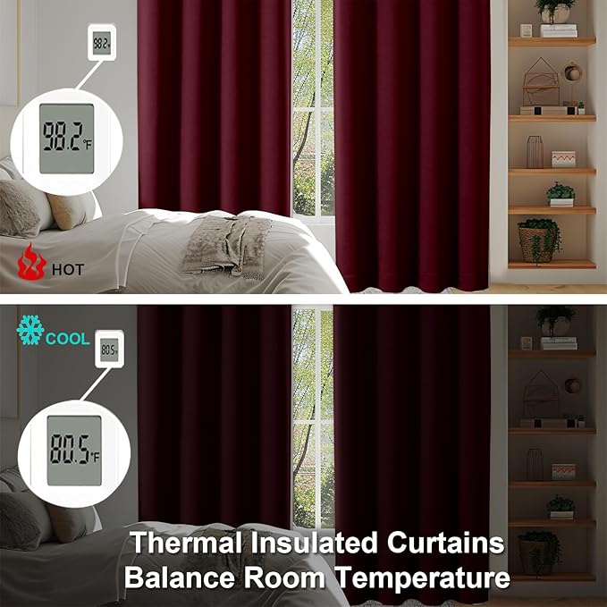 Simplebrand Ava Burgundy Short Blackout Curtains for Bedroom 54 Inches Long 2 Panels Set, Solid Thermal Insulated, Energy Saving Window Treatment Curtains Blackout Drapes, W40 x L54 Inch, Burgundy
