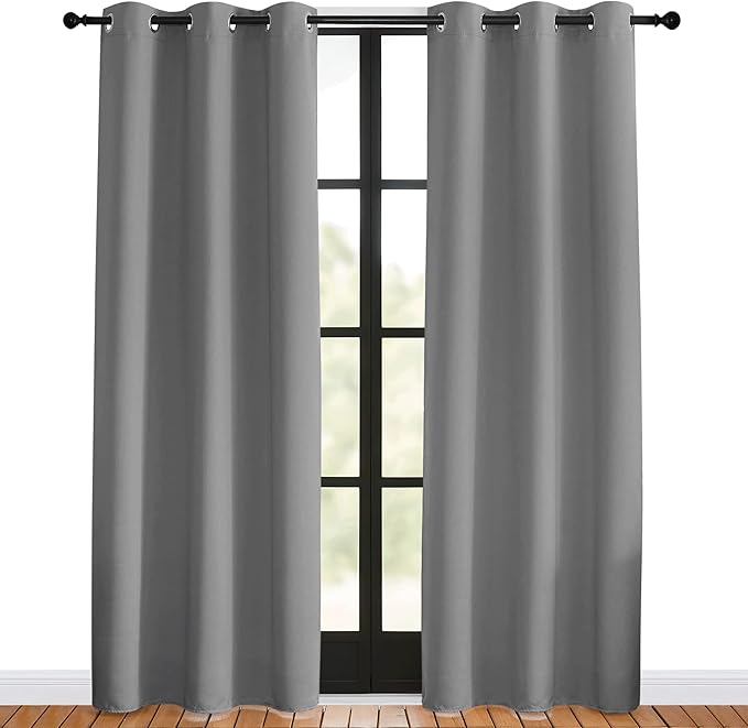NICETOWN Bedroom Curtains Blackout Drapery Panels, 2 Panels, 42 x 80 inches, Silver Grey, Three Pass Microfiber Thermal Insulated Solid Ring Top Blackout Window Curtains/Drapes