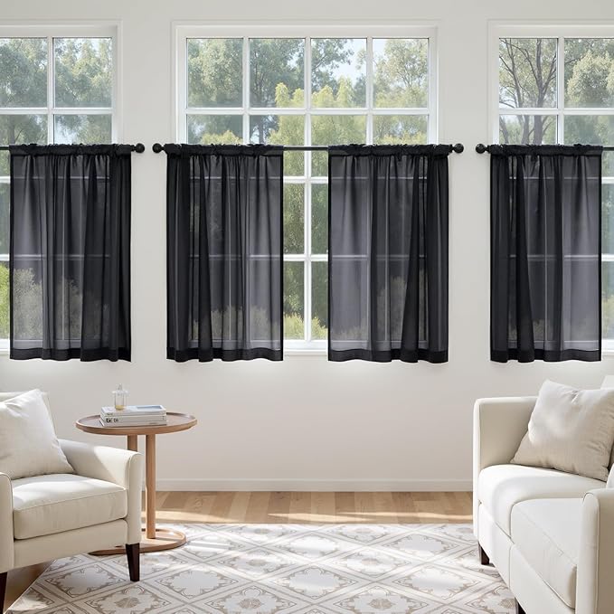 MIULEE Short Curtains 30 Inches Long, 4 Panels Set, Light Filtering Half Window Tier Black Sheer Curtains for Kitchen/Bathroom, 42W x 30 Inches