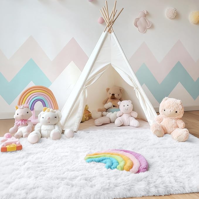 OLANLY 3x4 Machine Washable Accent Rug, Soft Fluffy Shaggy Area Rug for Bedroom, Living Room, Indoor Floor Carpet for Kids, Nursery, Home Decor, White