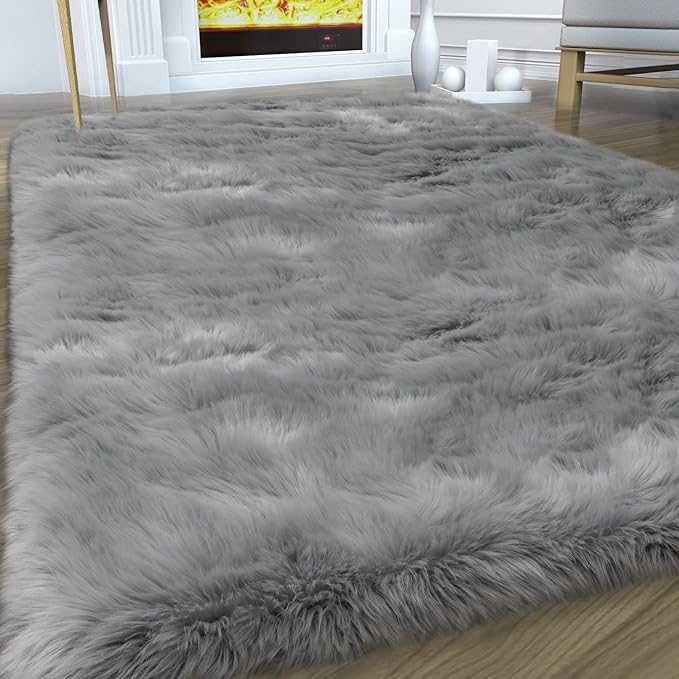 Faux Fur Area Rug, Grey Fluffy Rugs for Bedroom Living Room, 4'x6' Soft Shaggy Fuzzy Rug for Nursery, Indoor Plush Gray Floor Carpets for Kids Girls Boys Teen Dorm, Cute Home Decor, Rectangle