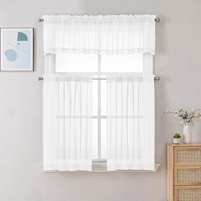 Chyhomenyc Sheer White Valances for Windows 2 Pack, Small Window Curtains for Living Room Bathroom Cafe Laundry Basement, Modern Top Dual Rod Pocket Voile Curtain, 42W x 18L inches, White