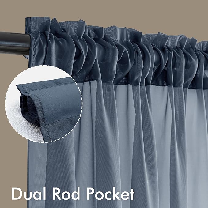 MIULEE Navy Blue Sheer Curtains 96 Inches Long, 4 Panels Set, Light Filtering Rod Pocket Voile Drapes Window Treatments, Semi Transparent Airy Fabric for Bedroom and Living Room, 54 x 96 Inches