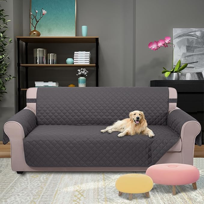 U-NICE HOME Reversible Sofa Cover Couch Cover for Dogs with Elastic Straps Water Resistant Furniture Protector for Pets Couch Cover for 3 Cushion Couch (Sofa, Dark Grey/Dark Grey)