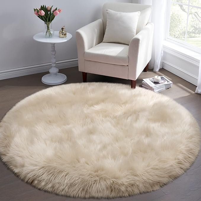 Fluffy Round Rug for Kids Room Beige Circle Faux Fur Area Rug for Bedroom, 4x4 Fuzzy Shag Rugs Furry Nursery Rug Teepee Mat, Circular Plush Floor Carpet
