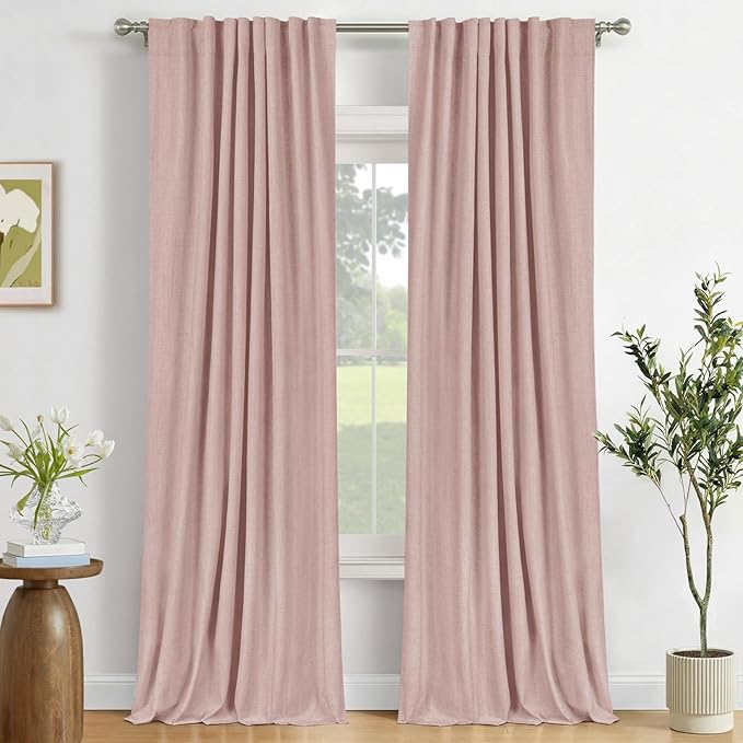 100% Blackout Shield Blush Linen Blackout Curtains for Bedroom 90 Inches Long, Back Tab/Rod Pocket Living Room Drapes, Thermal Insulated Blackout Curtains 2 Panels Set, 50" W x 90" L