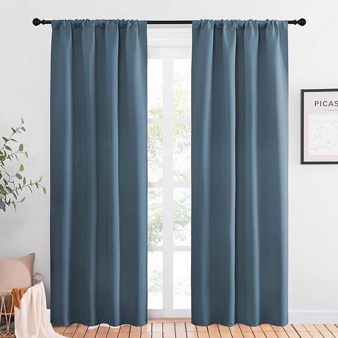 NICETOWN Blackout Curtains for Living Curtains, Smoky Blue, 1 Pair, 34-inch W x 84-inch L, Home Decorations Thermal Insulated Solid Pole Top Blackout Drapes for Living Room