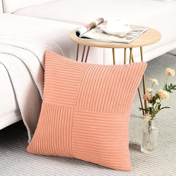Fancy Homi 2 Packs Peach Samll Decorative Throw Pillow Covers 12x12 Inch with for Couch Bed Sofa, Rustic Farmhouse Boho Home Decor, Soft Corss Patchwork Corduroy Cute Square Cushion Case 30x30 cm