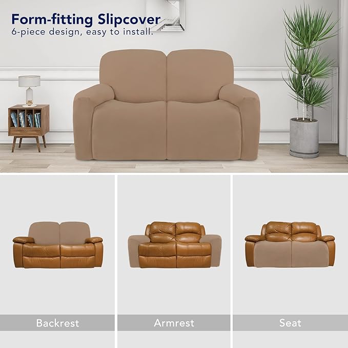 PureFit Super Stretch Loveseat Recliner Sofa Couch Cover with Pocket – 2 Seats Non Slip Soft Sofa Slipcover, Washable Reclining Furniture Protector for Kids, Pets (Recliner Loveseat, Camel)