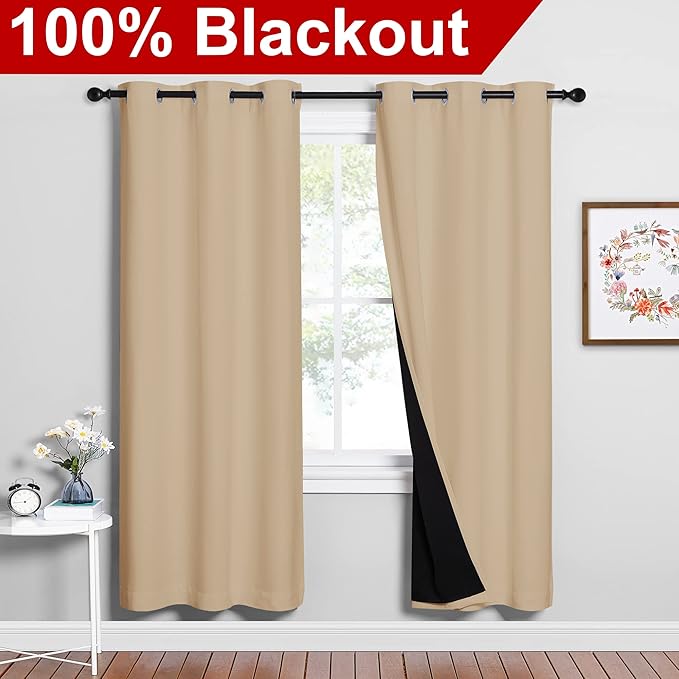NICETOWN Living Room Completely Shaded Draperies, Privacy Protection & Noise Reducing Ring Top Drapes, Black Lined Insulated Window Treatment Curtain Panels(Biscotti Beige, 2 Pieces, W42 x L72)