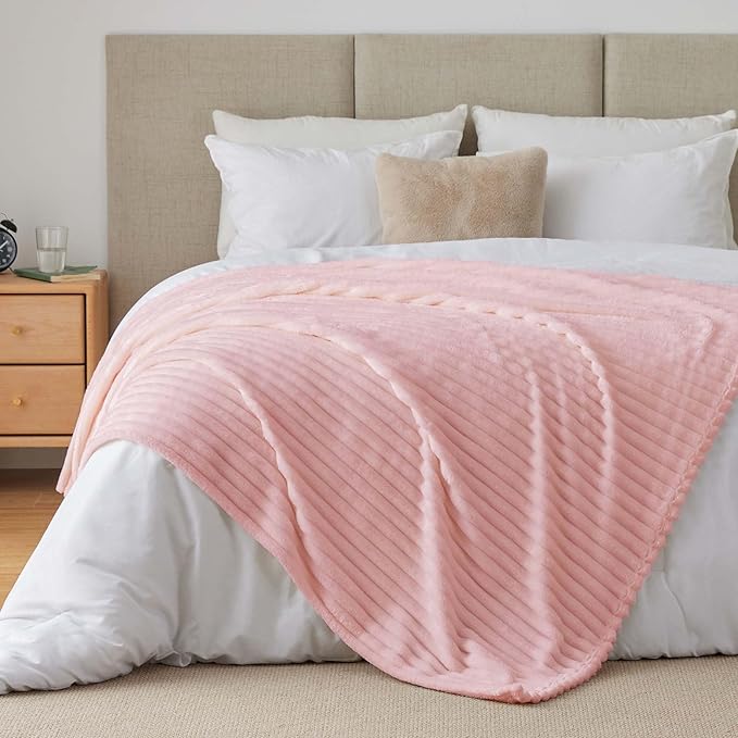 BEDELITE Twin Blanket for Couch & Bed, 300GSM Soft & Warm Fleece Blanket, Decorative and Giftable Striped Pink Blankets for Women, Men, 60"x80"