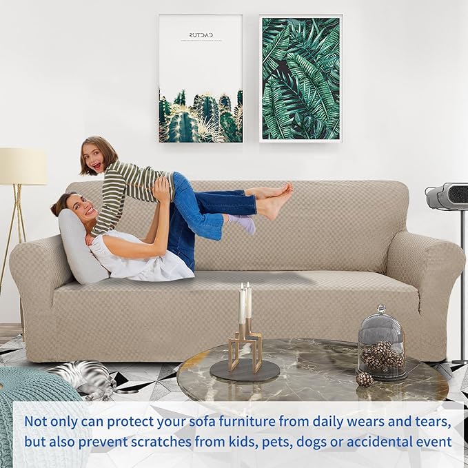 ZNSAYOTX 1 Piece Jacquard Couch Covers for 3 Cushion Couch Living Room High Stretch Sofa Cover Pets Dogs Friendly Anti Slip Thickened Slipcovers Furniture Protector (Sofa, Khaki)