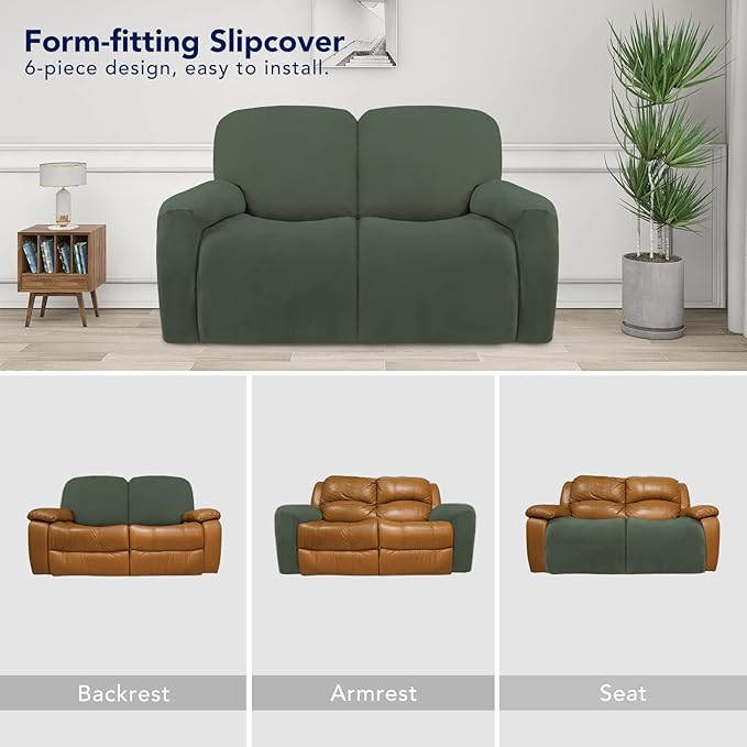 PureFit Super Stretch Loveseat Recliner Sofa Couch Cover with Pocket – 2 Seats Non Slip Soft Sofa Slipcover, Washable Reclining Furniture Protector for Pets (Recliner Loveseat, Grayish Green)