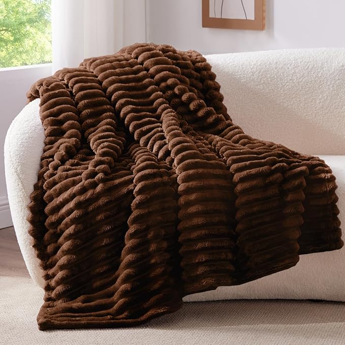BEDELITE Fleece Throw Blanket for Couch - 300GSM Soft & Warm Fluffy Chotolate Brown Blanket, Decorative and Giftable Striped Blankets for Women, Men, 50"x60"