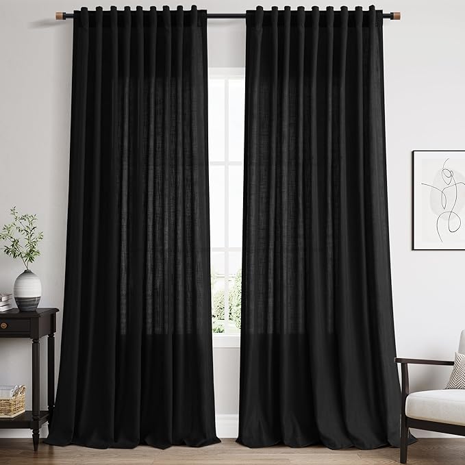 Nanspring Black Linen Curtains 90 Inches Long for Living Room Back Tab and Rod Pocket Semi Sheer Privacy Curtains Simple Modern Cotton Textured Curtain for Bedroom 70x90,2 Panel