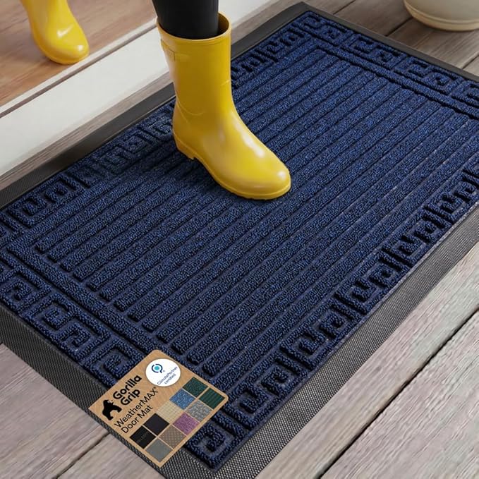 GORILLA GRIP 100% Waterproof All-Season WeatherMAX Doormat, US Designed Natural Rubber, Stain and Fade Resistant, Low Profile Indoor Outdoor Door Mats, Easy Clean Patio Mat, 29x17, Navy Greek Keys