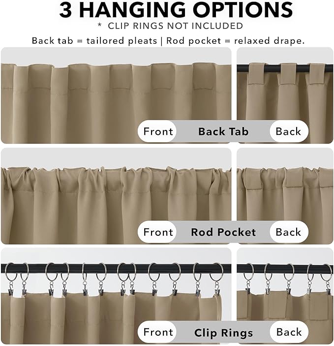 Deconovo Blackout Curtains, Thermal Insulated, W70 x L95 2 Panels, Back Tab, Machine Washable, Room-Darkening Drapes for Bedroom/Living Room Khaki